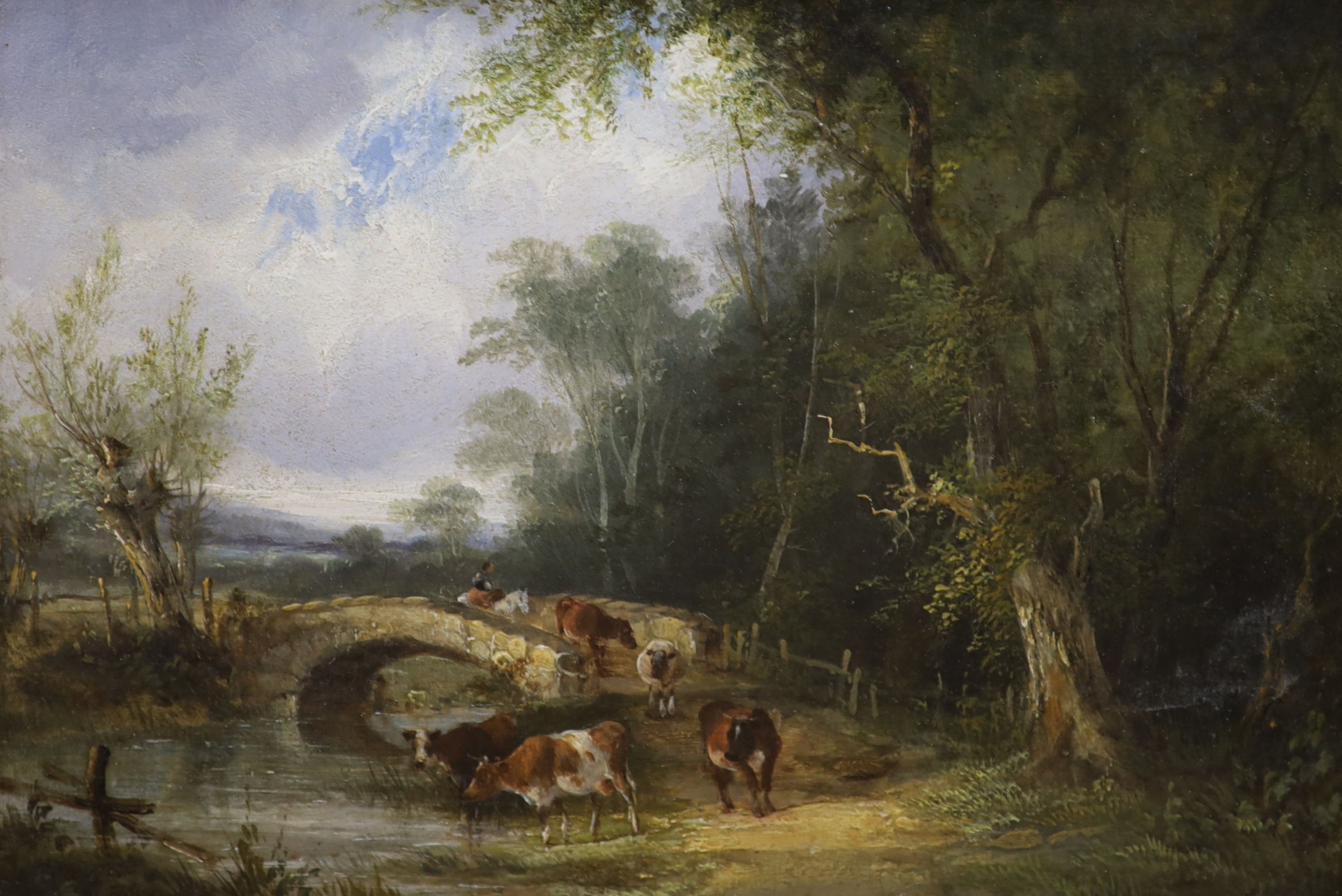 Three Victorian oils including William Shayer Senior, oil on canvas, horses watering, 19.5 x 26 cm; English school, oil on board, cows by a river, 16.5 x 24 cm and Oil on canvas Fisherman by a boat, 26 x 37 cm (3)